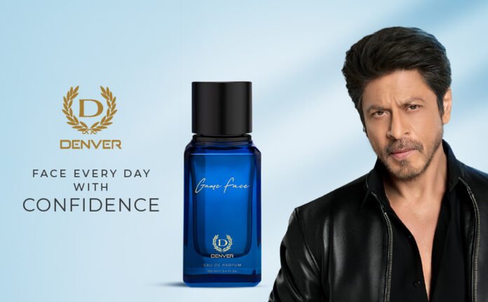 100ml bottle of Denver Game Face Eau de Parfum from the Vibe Collection on a sleek display
